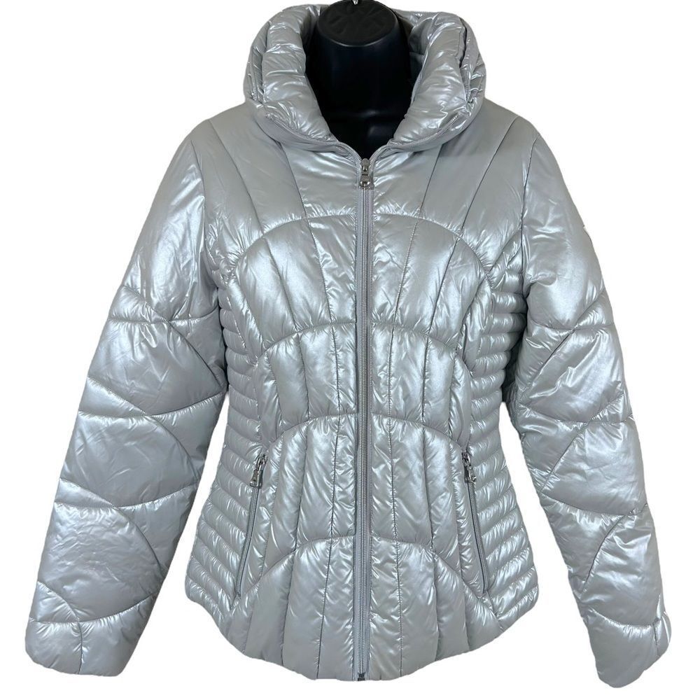 GUESS quilted pearlescent silver puffer jacket